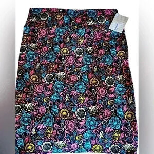 Lularoe large black floral Cassie pencil‎ skirt . Turquoise, pink & gold NWT